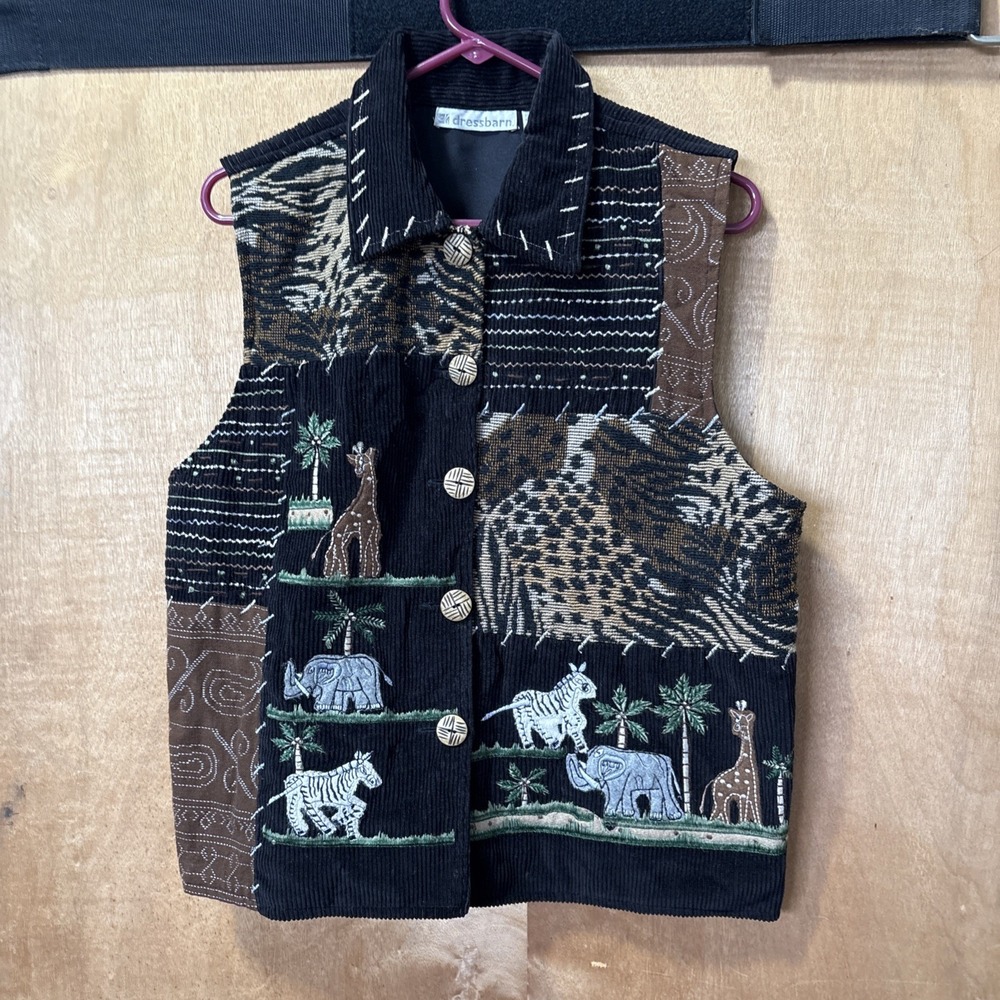 Dressbarn Corduroy Patchwork Safari Animals Lined Cardigan Sweater Vest Women L